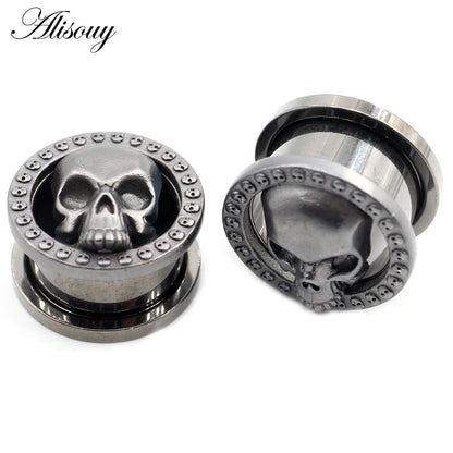 Alisouy 2PCS 8-25mm Stainless Steel Skull Screw Round Ear Gauges Tunnels Plugs Expander Stretcher Earrings Piercing Body Jewelry