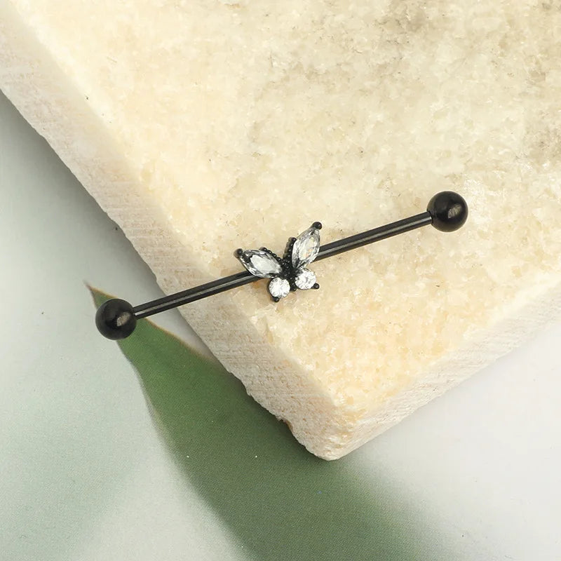 External thread piercing jewelry Industrial barbell earrings Butterfly zircon ear bridge double piercing earrings