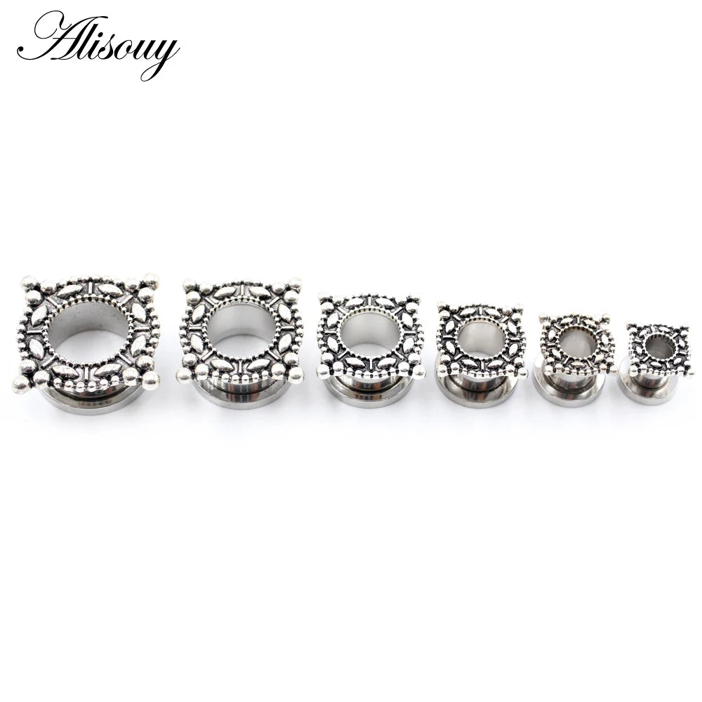 Alisouy 2pcs Stainless Steel Flower Triangle Cone Owl Zircon Star Screw Ear Tunnels Plugs Expander Gauges Body Piercing Jewelry