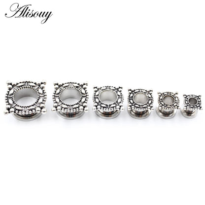 Alisouy 2pcs Stainless Steel Flower Triangle Cone Owl Zircon Star Screw Ear Tunnels Plugs Expander Gauges Body Piercing Jewelry