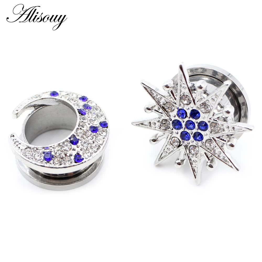 Alisouy 2pcs Stainless Steel Flower Zirconia Moon Star Clock Heart Screw Ear Tunnels Plugs Expander Gauges Body Piercing Jewelry