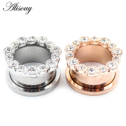 Alisouy 2pcs Stainless Steel Flower Zirconia Moon Star Clock Heart Screw Ear Tunnels Plugs Expander Gauges Body Piercing Jewelry