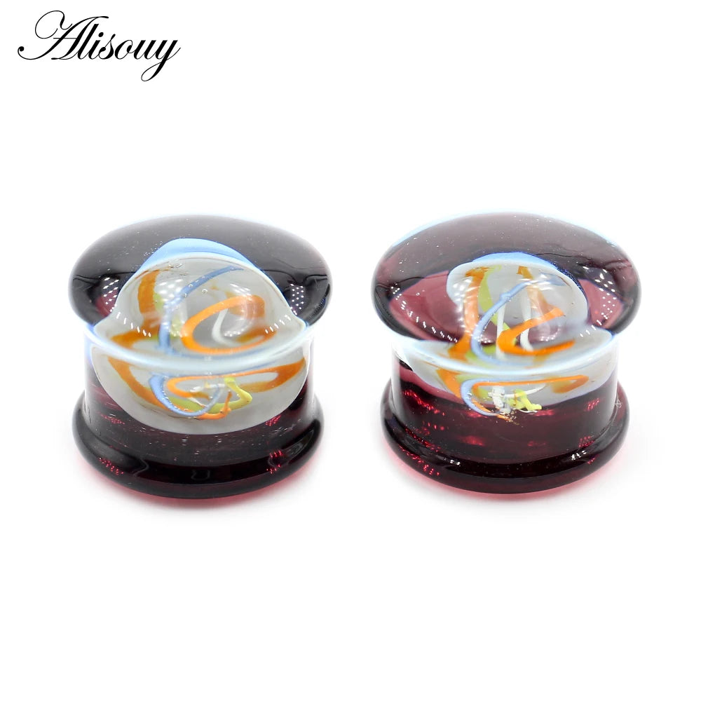 Alisouy 2pcs Transparent Round Glass Luminous Jellyfish Ear Gauges Tunnels Plugs Flesh Stretcher Expander Piercing Body Jewelry