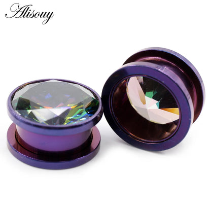 Alisouy 2pcs Stainless Steel Zirconia Crystal Screw Ear Tunnels Plugs Expander Stretcher Gauges Earrings Body Piercing Jewelry