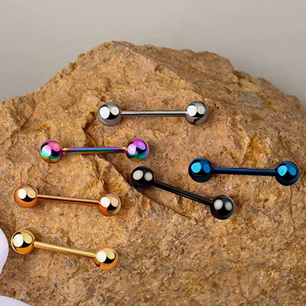 6PCS Titanium Tongue Rings Colorful Tongue Barbell Tongue Body Piercing Jewelry 12mm 14mm 16mm 18mm