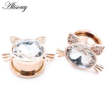 Alisouy 2pcs Stainless Steel Flower Triangle Cone Owl Zircon Star Screw Ear Tunnels Plugs Expander Gauges Body Piercing Jewelry