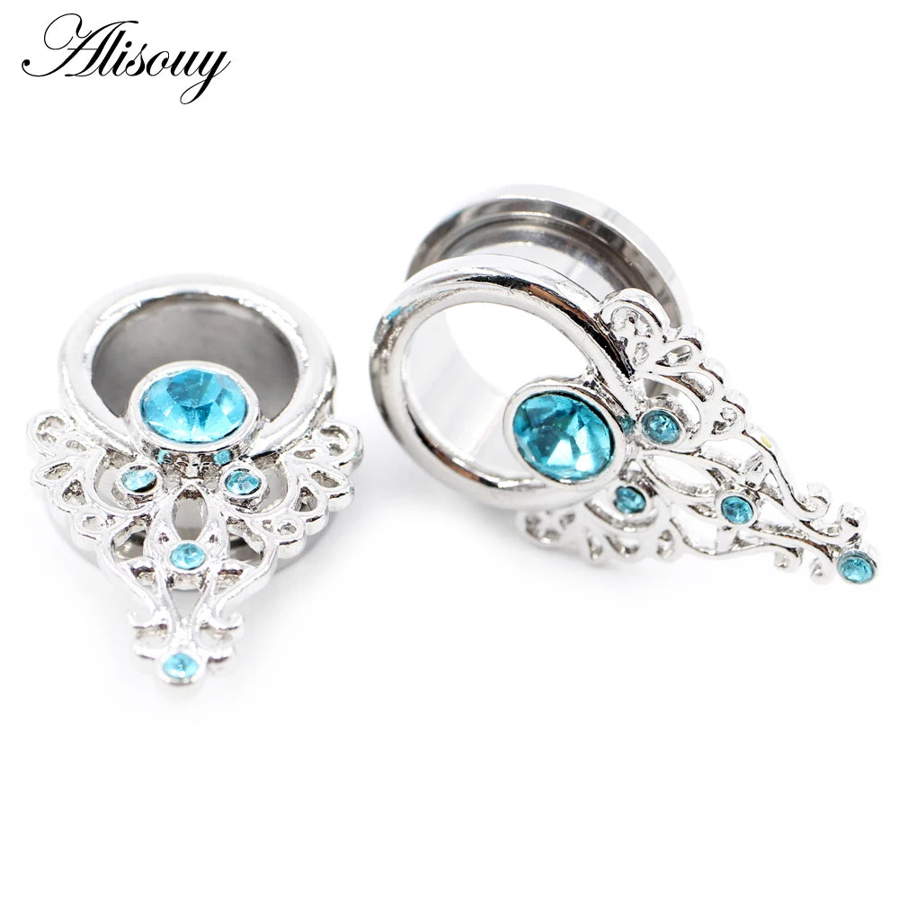 Alisouy 2pcs Stainless Steel Flower Triangle Cone Owl Zircon Star Screw Ear Tunnels Plugs Expander Gauges Body Piercing Jewelry