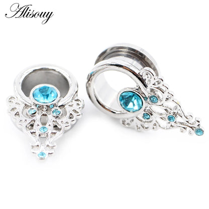 Alisouy 2pcs Stainless Steel Flower Triangle Cone Owl Zircon Star Screw Ear Tunnels Plugs Expander Gauges Body Piercing Jewelry
