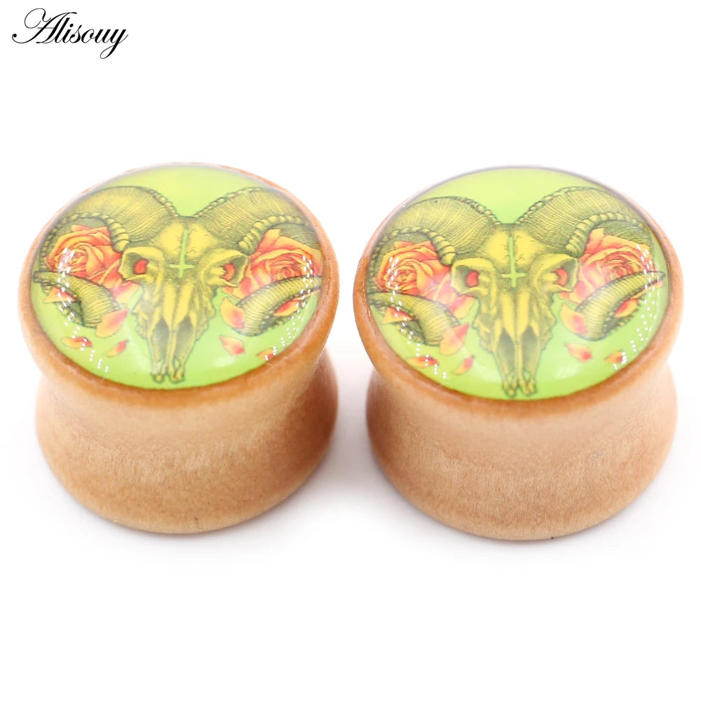 2PCS Wood Sheep Head Cross Epoxy Resin Flared Ear Tunnels Plug Expander Stretcher Gauges Earrings Piercing Body Jewelry