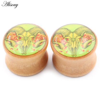 2PCS Wood Sheep Head Cross Epoxy Resin Flared Ear Tunnels Plug Expander Stretcher Gauges Earrings Piercing Body Jewelry
