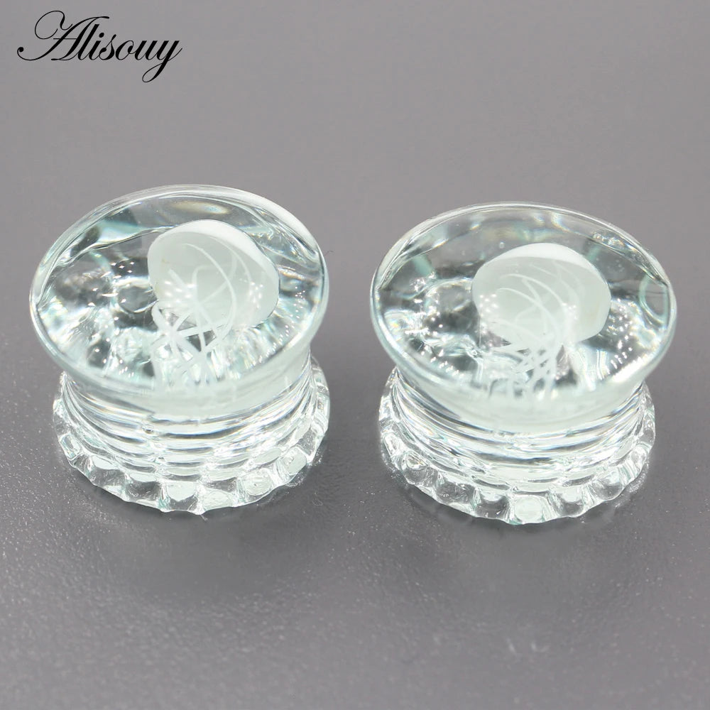 Alisouy 2pcs Transparent Round Glass Luminous Jellyfish Ear Gauges Tunnels Plugs Flesh Stretcher Expander Piercing Body Jewelry