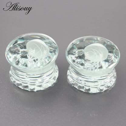 Alisouy 2pcs Transparent Round Glass Luminous Jellyfish Ear Gauges Tunnels Plugs Flesh Stretcher Expander Piercing Body Jewelry