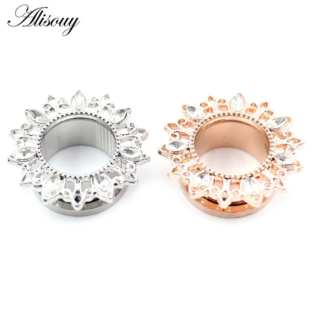 Alisouy 2pcs Stainless Steel Flower Zirconia Moon Star Clock Heart Screw Ear Tunnels Plugs Expander Gauges Body Piercing Jewelry