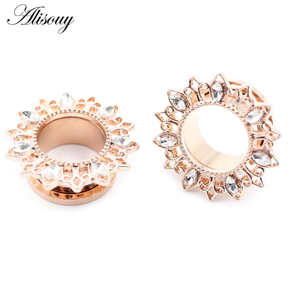 Alisouy 2pcs Stainless Steel Flower Zirconia Moon Star Clock Heart Screw Ear Tunnels Plugs Expander Gauges Body Piercing Jewelry