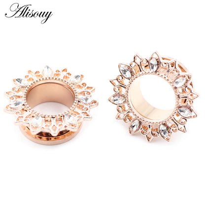 Alisouy 2pcs Stainless Steel Flower Zirconia Moon Star Clock Heart Screw Ear Tunnels Plugs Expander Gauges Body Piercing Jewelry
