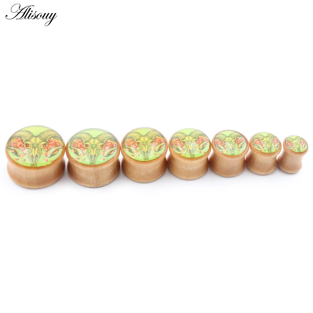 2PCS Wood Sheep Head Cross Epoxy Resin Flared Ear Tunnels Plug Expander Stretcher Gauges Earrings Piercing Body Jewelry