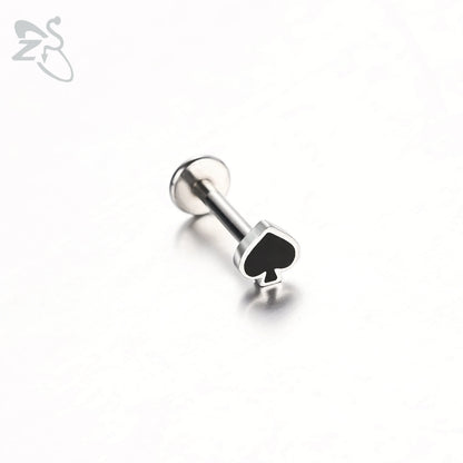 ZS 1 Piece 16G Stainless Steel Labret Lip Piercing Spade Heart Diamond Club Shape Ear Cartilage Tragus Helix Piercings 6MM/8MM